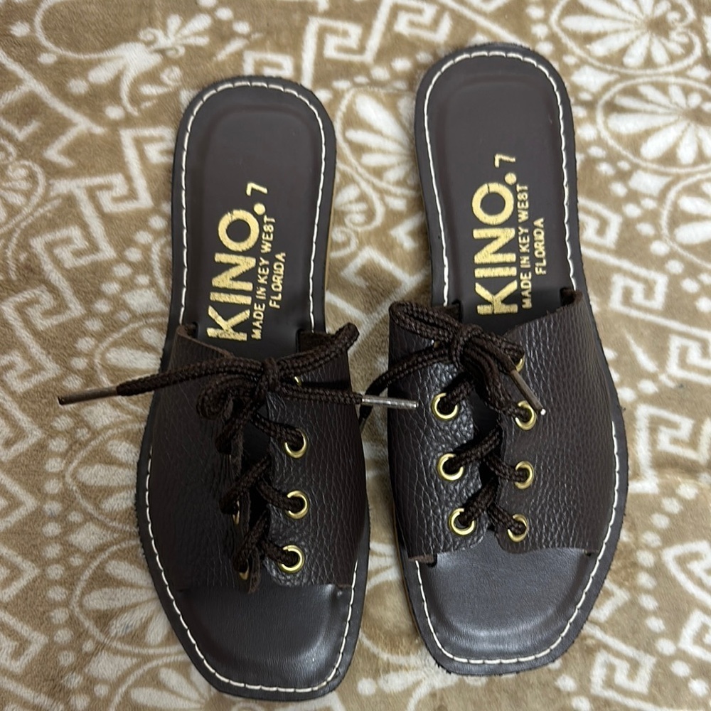 Kino Brown Sandals with Lace Detailing and Flat Sole Made in USA